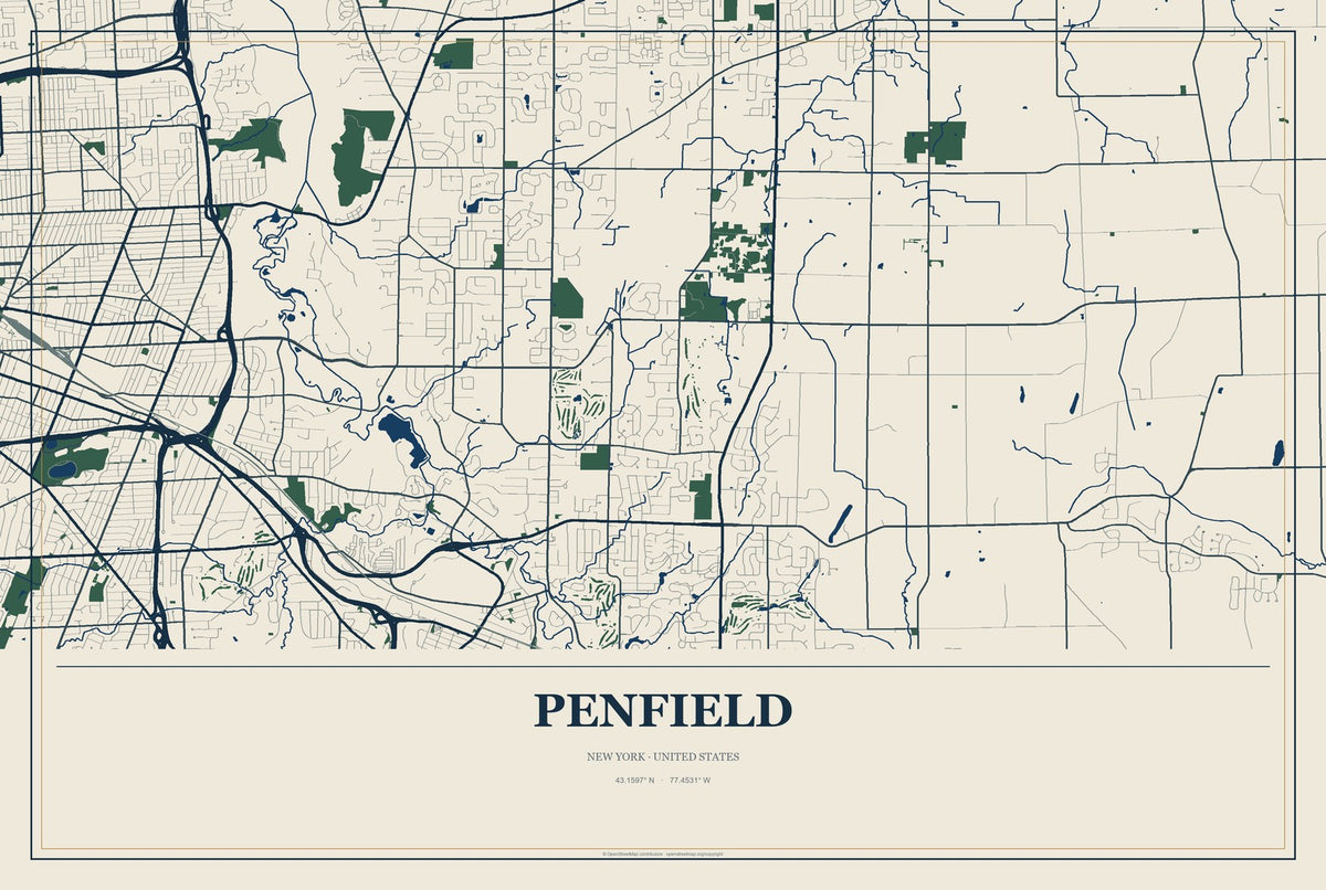 Penfield, New York City Map Aluminum Sign in Coastal Cutout style