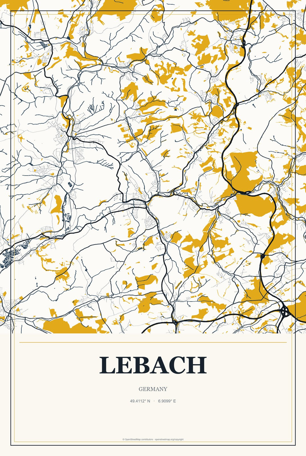 Lebach, Germany City Map Aluminum Sign in Citrine Modern style