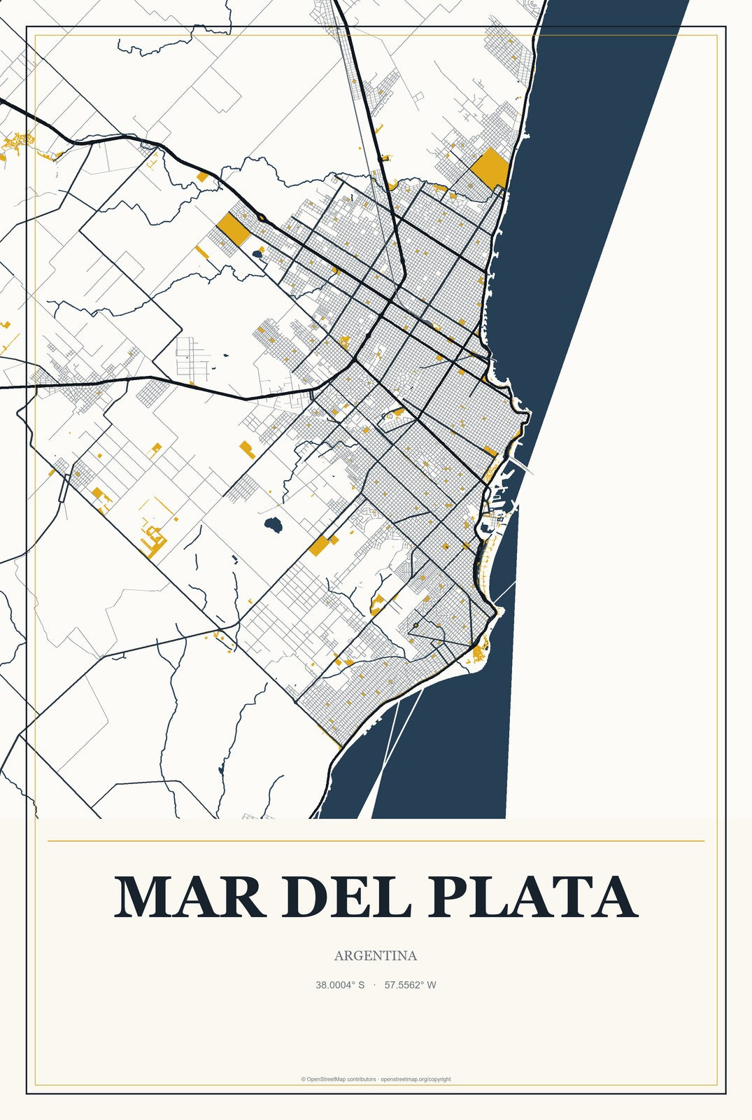 Mar del Plata, Argentina City Map Aluminum Sign in Citrine Modern style