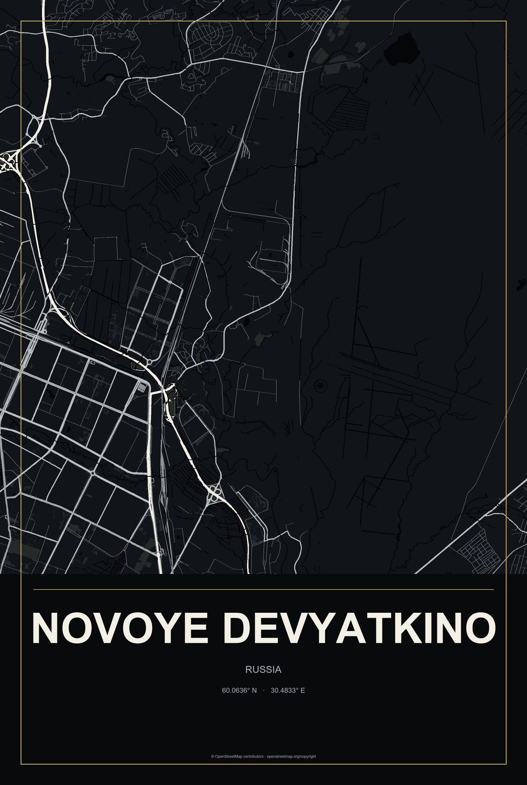 Novoye Devyatkino, Russia City Map Aluminum Sign in Metropolitan Noir style