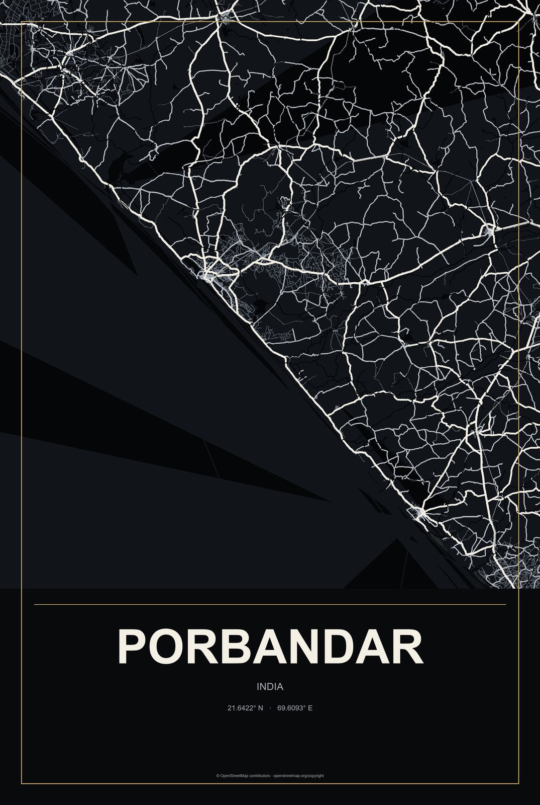 Porbandar, India City Map Aluminum Sign in Metropolitan Noir style