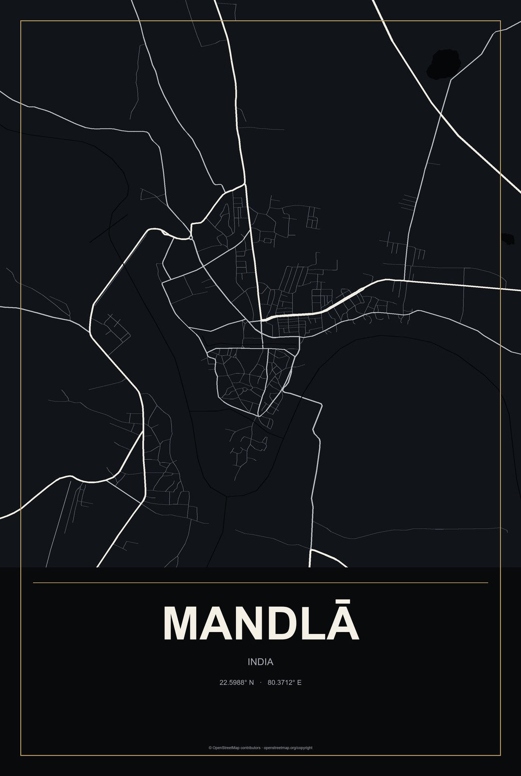 Mandlā, India City Map Aluminum Sign in Metropolitan Noir style