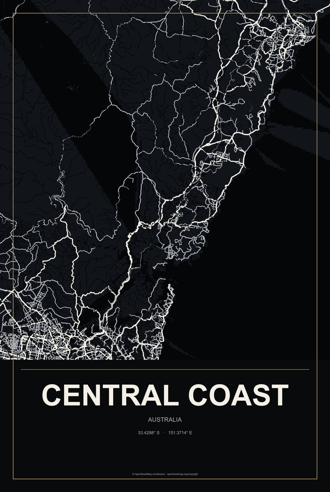 Central Coast, Australia City Map Aluminum Sign in Metropolitan Noir style