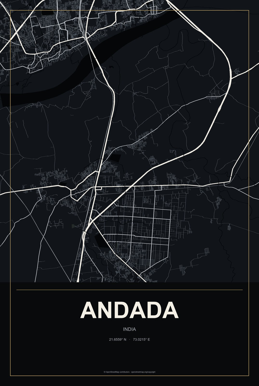 Andada, India City Map Aluminum Sign in Metropolitan Noir style