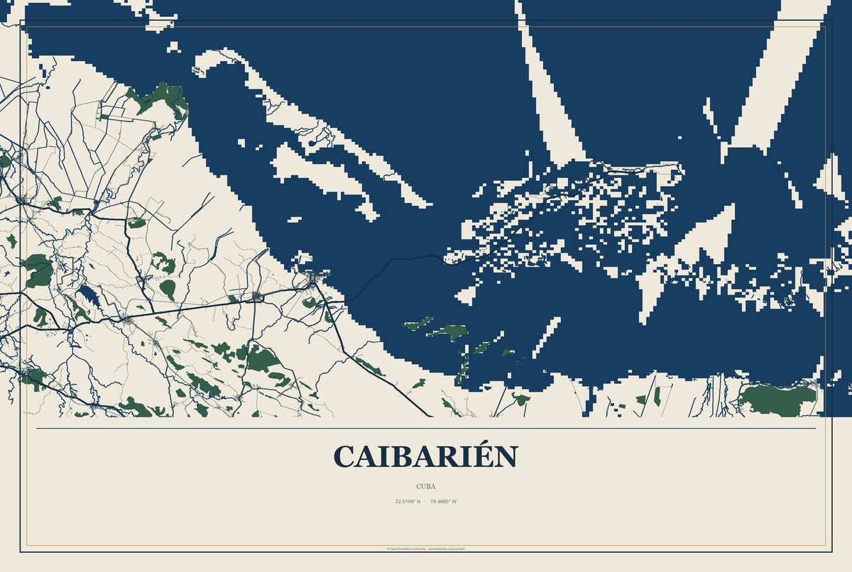 Caibarién, Cuba City Map Aluminum Sign in Coastal Cutout style
