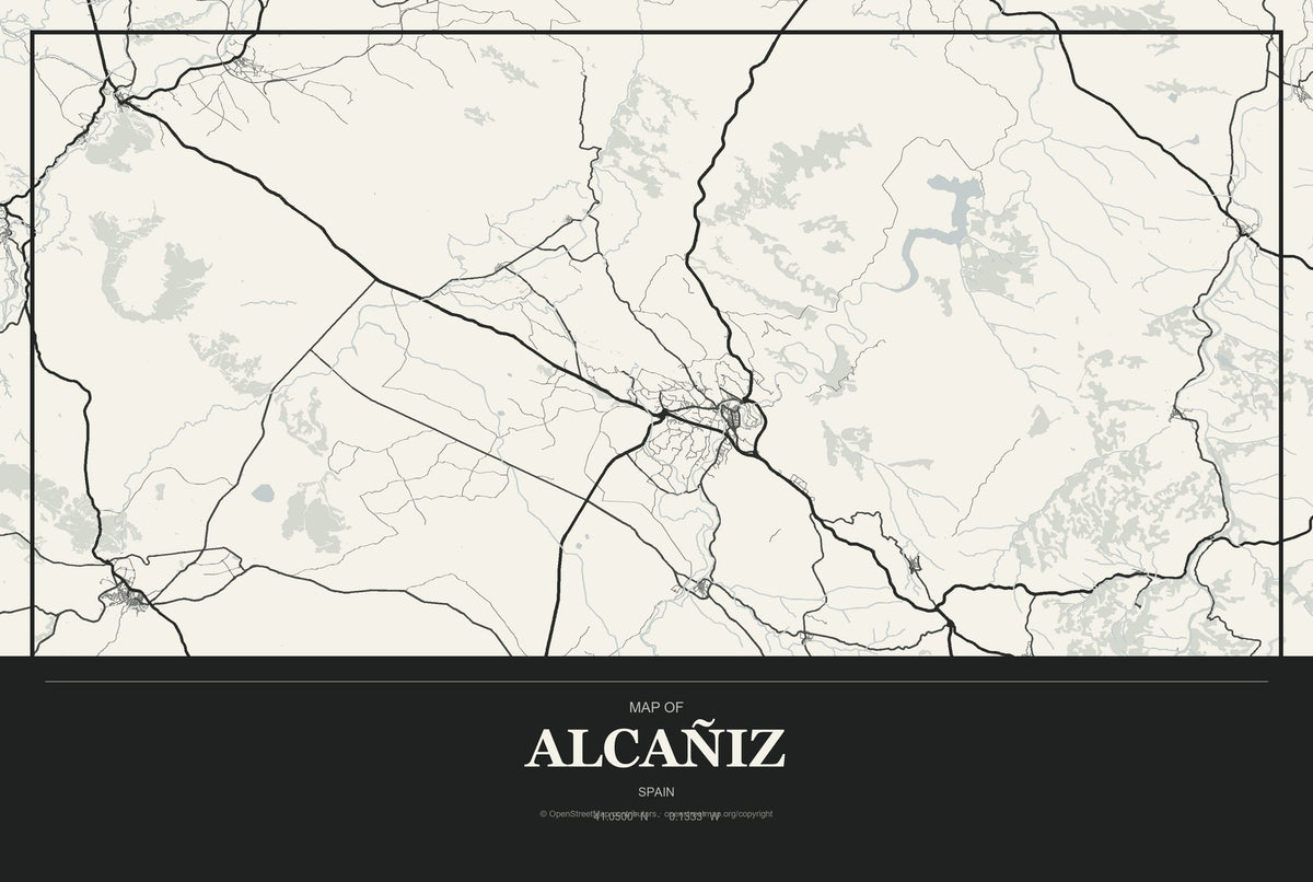 Alcañiz, Spain City Map Aluminum Sign in Museum Plaque style