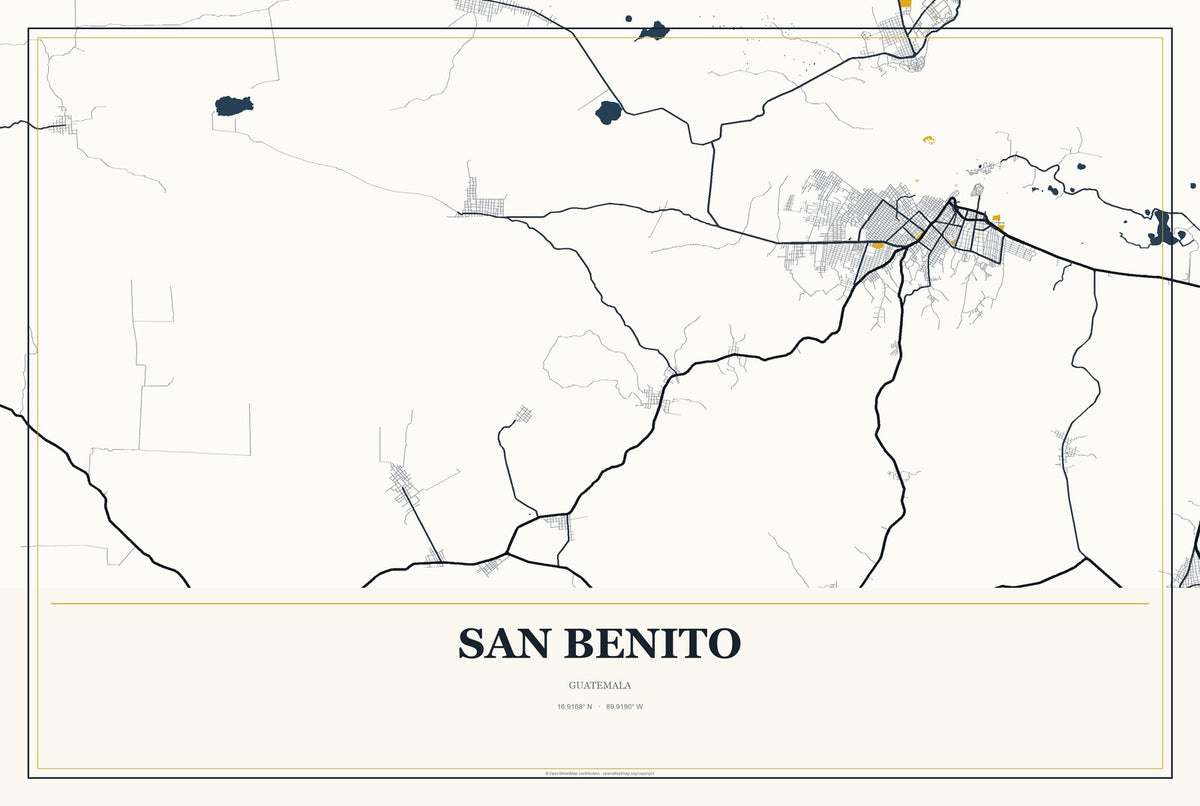 San Benito, Guatemala City Map Aluminum Sign in Citrine Modern style