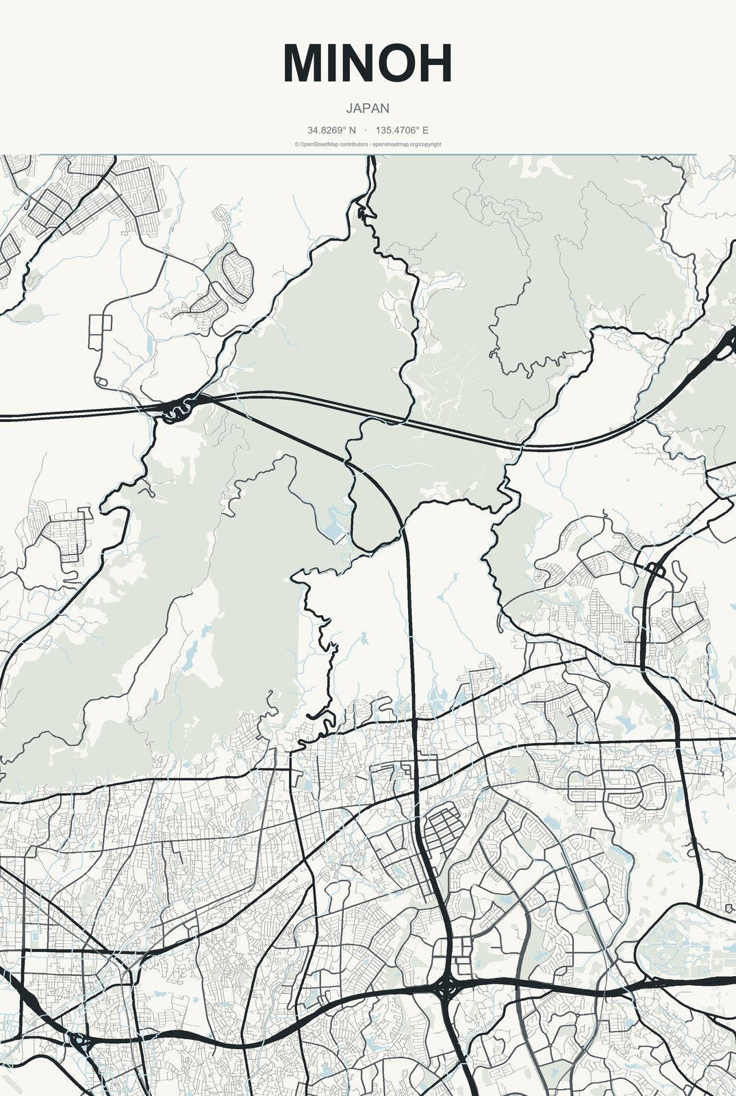 Minoh, Japan City Map Aluminum Sign in Headline Atlas style