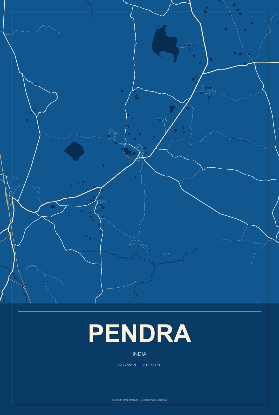 Pendra, India City Map Aluminum Sign in Harbor Cobalt style