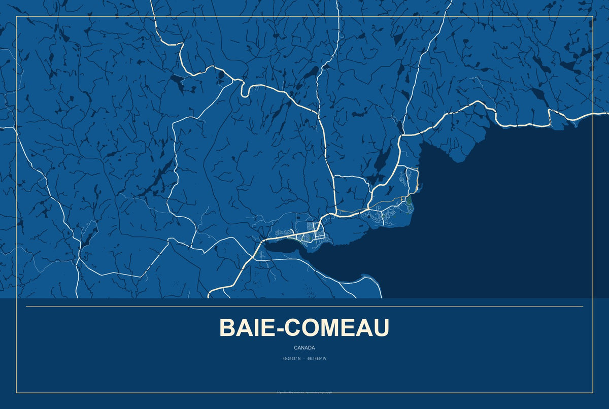 Baie-Comeau, Canada City Map Aluminum Sign in Harbor Cobalt style