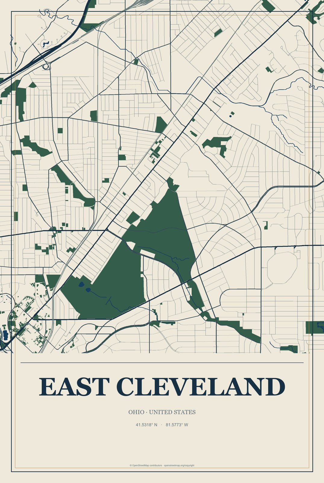 East Cleveland, Ohio City Map Aluminum Sign in Coastal Cutout style