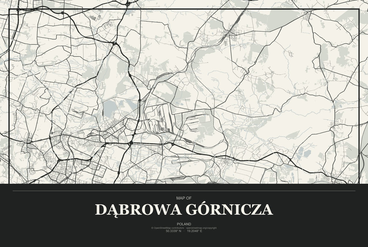 Dąbrowa Górnicza, Poland City Map Aluminum Sign in Museum Plaque style