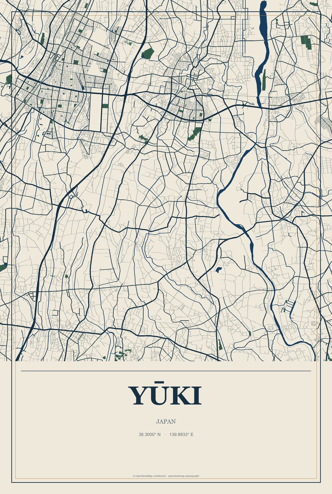 Yūki, Japan City Map Aluminum Sign in Coastal Cutout style