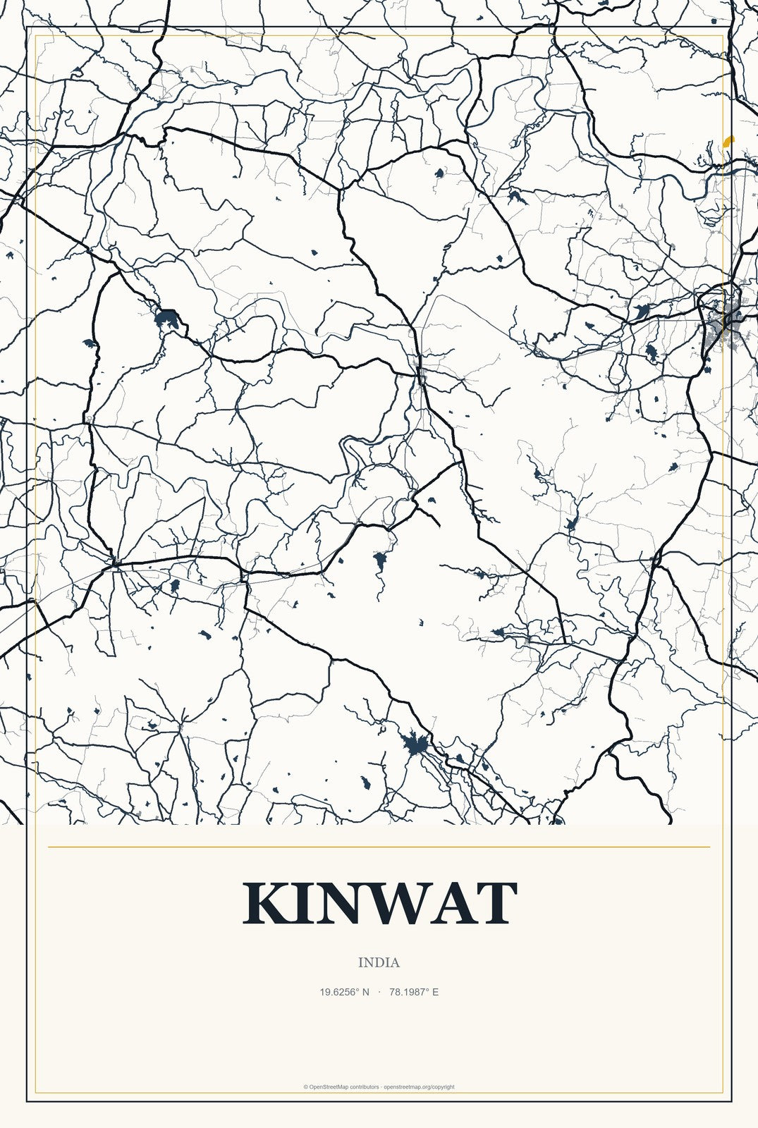 Kinwat, India City Map Aluminum Sign in Citrine Modern style