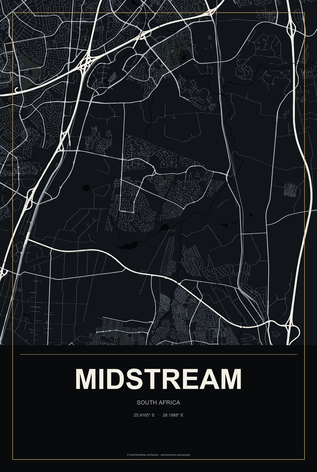 Midstream, South Africa City Map Aluminum Sign in Metropolitan Noir style
