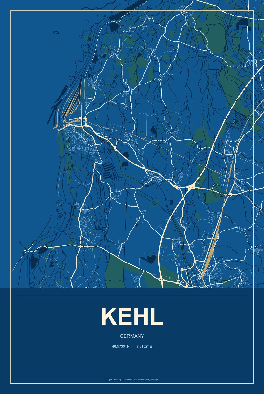 Kehl, Germany City Map Aluminum Sign in Harbor Cobalt style