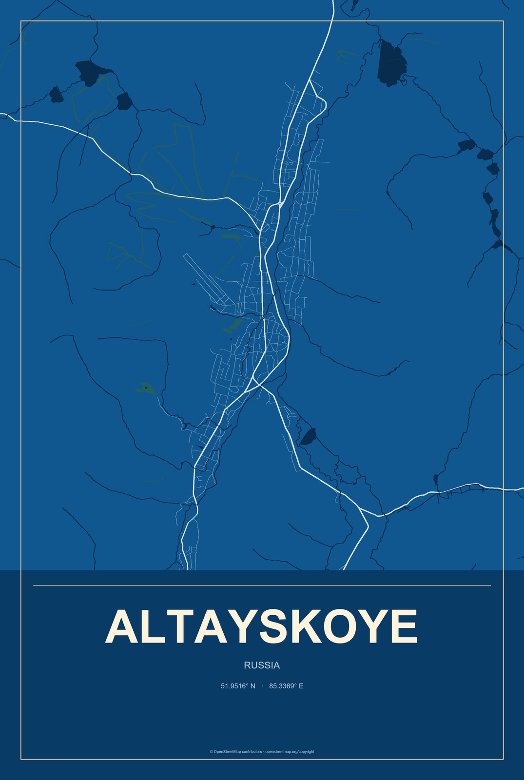 Altayskoye, Russia City Map Aluminum Sign in Harbor Cobalt style