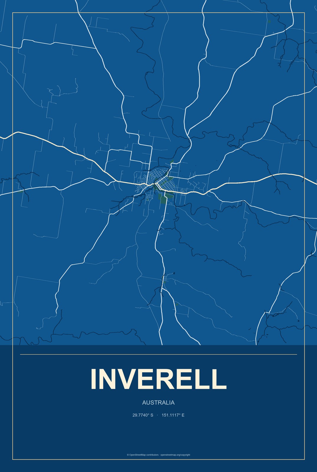 Inverell, Australia City Map Aluminum Sign in Harbor Cobalt style