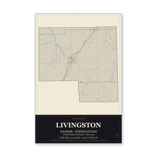 Livingston County, Illinois Map Aluminum Sign in Museum Plaque style