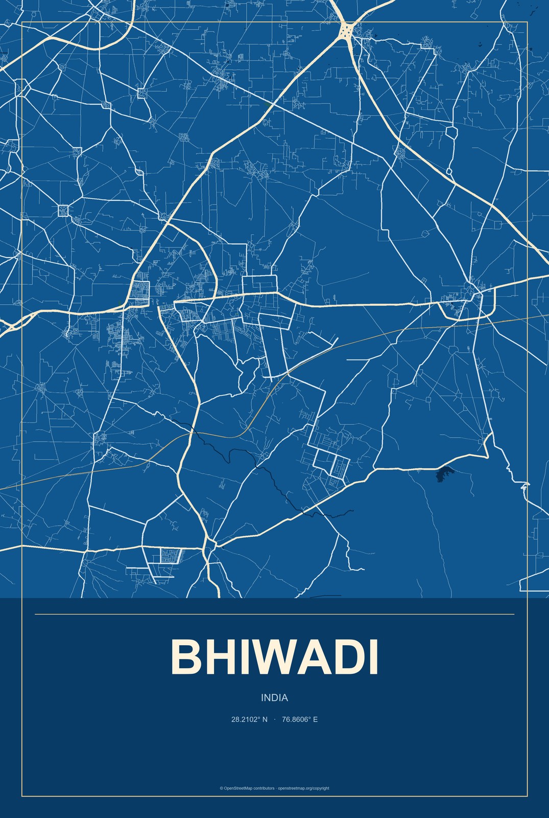Bhiwadi, India City Map Aluminum Sign in Harbor Cobalt style