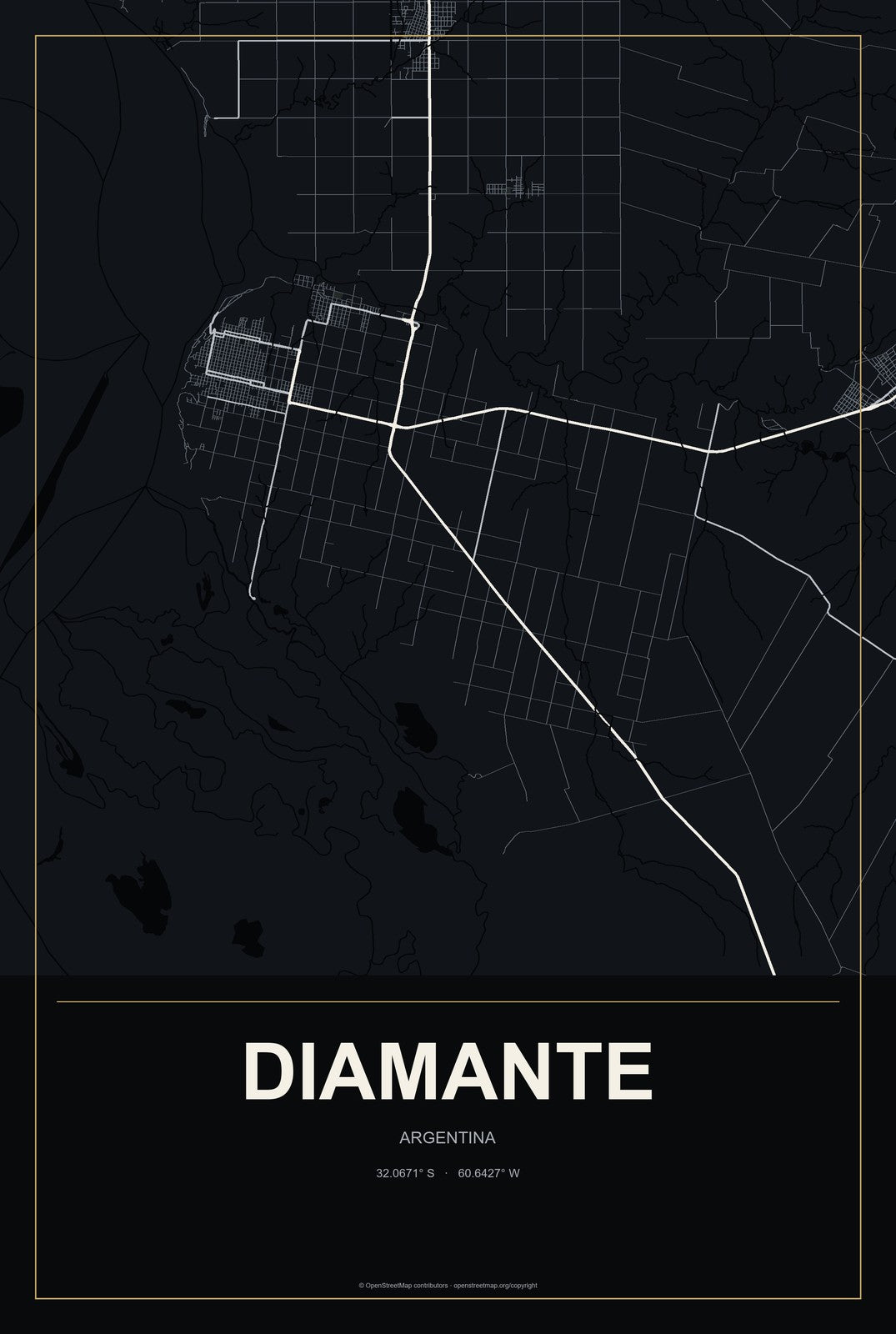 Diamante, Argentina City Map Aluminum Sign in Metropolitan Noir style