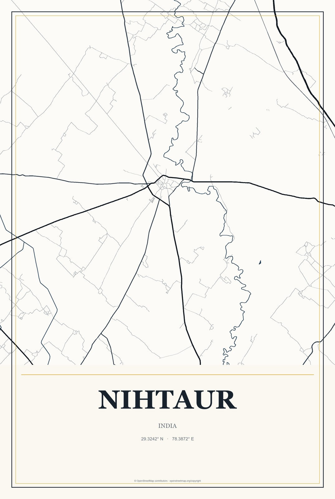 Nihtaur, India City Map Aluminum Sign in Citrine Modern style