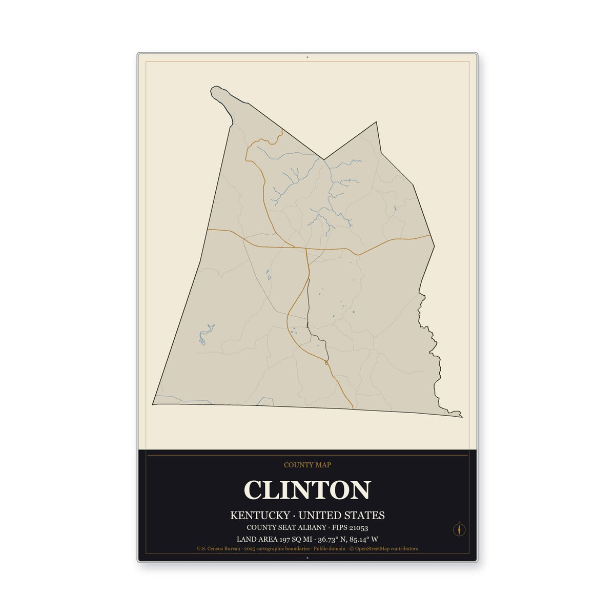 Clinton County, Kentucky Map Aluminum Sign in Museum Plaque style