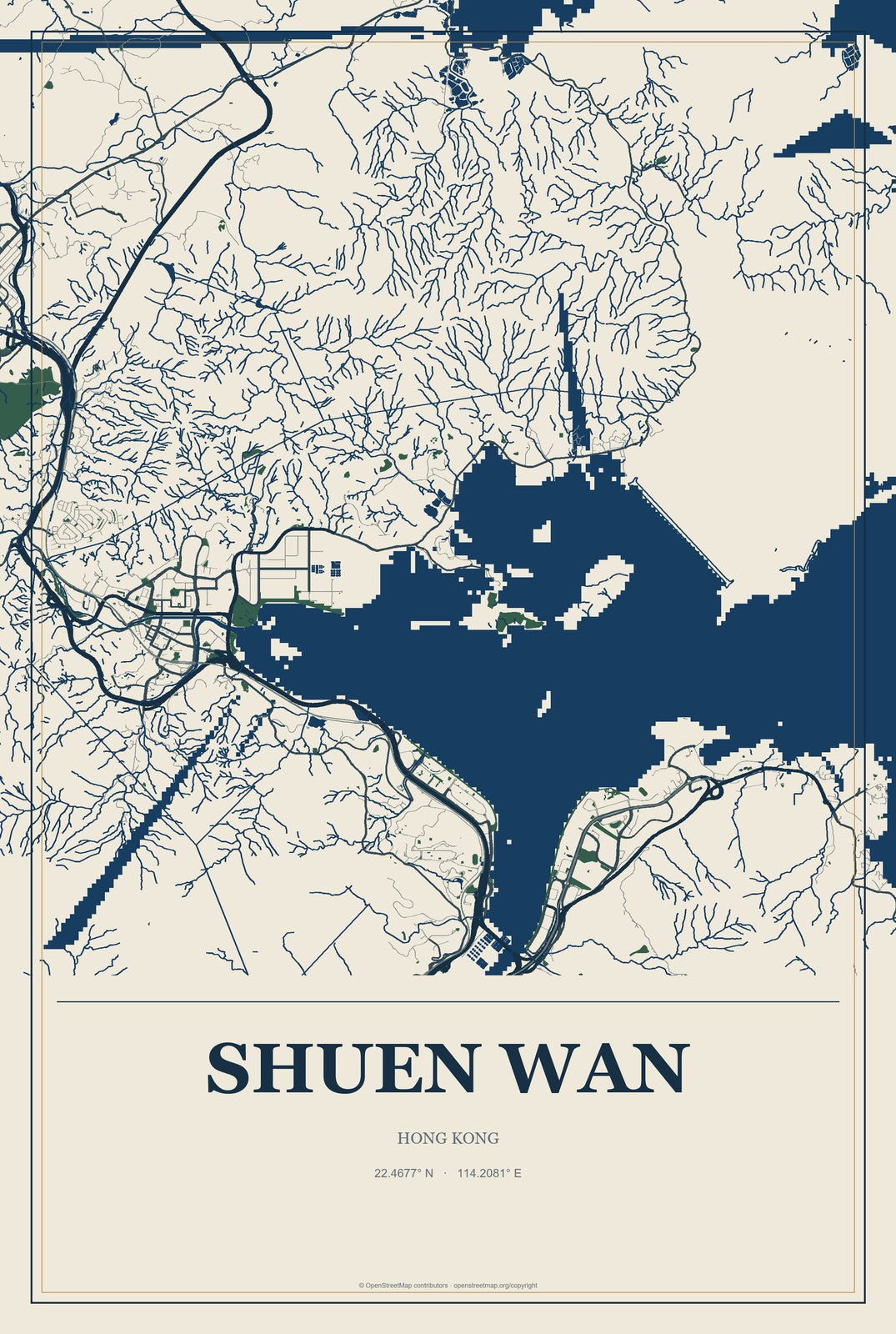 Shuen Wan, Hong Kong City Map Aluminum Sign in Coastal Cutout style