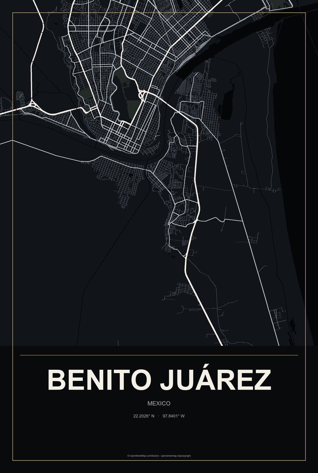Benito Juárez, Tabasco, Mexico City Map Aluminum Sign in Metropolitan Noir style