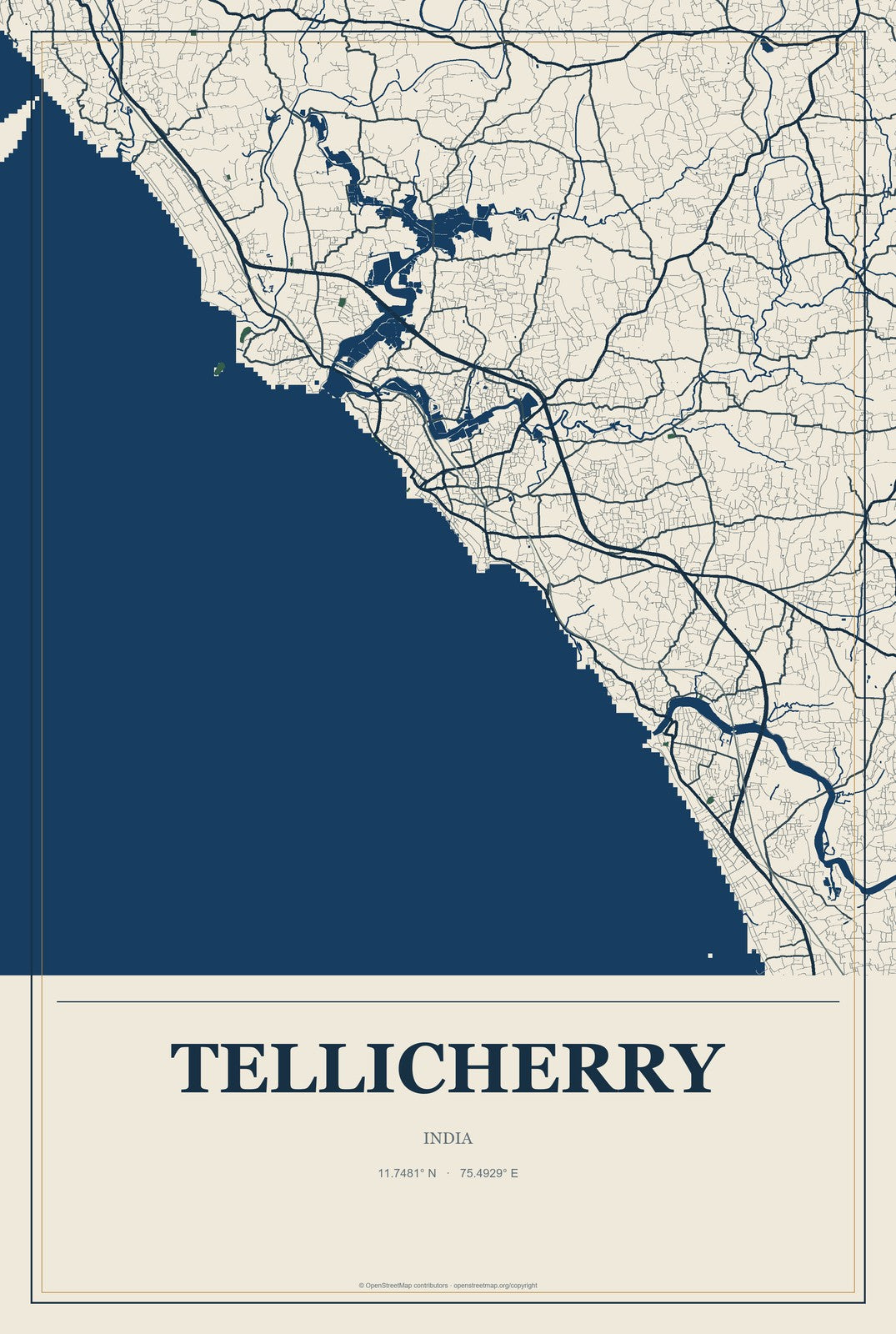 Tellicherry, India City Map Aluminum Sign in Coastal Cutout style