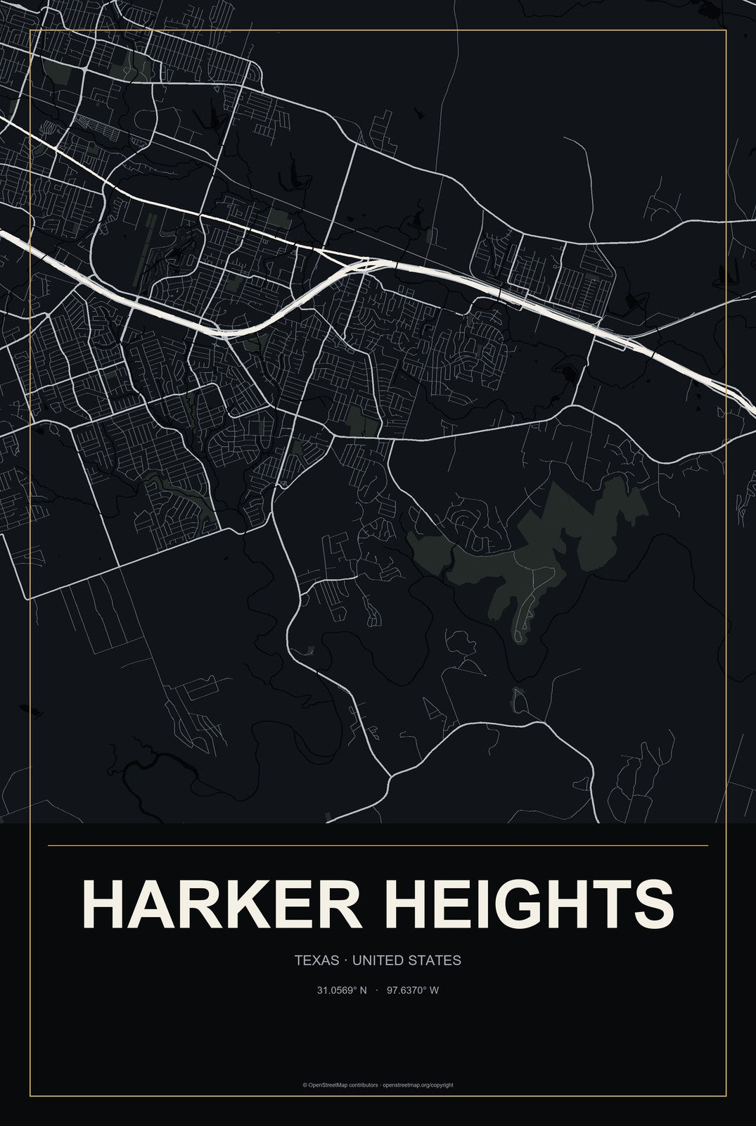 Harker Heights, Texas City Map Aluminum Sign in Metropolitan Noir style