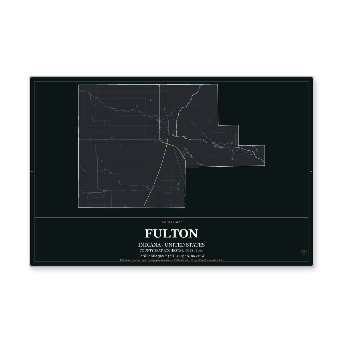 Fulton County, Indiana Map Aluminum Sign in Metropolitan Noir style