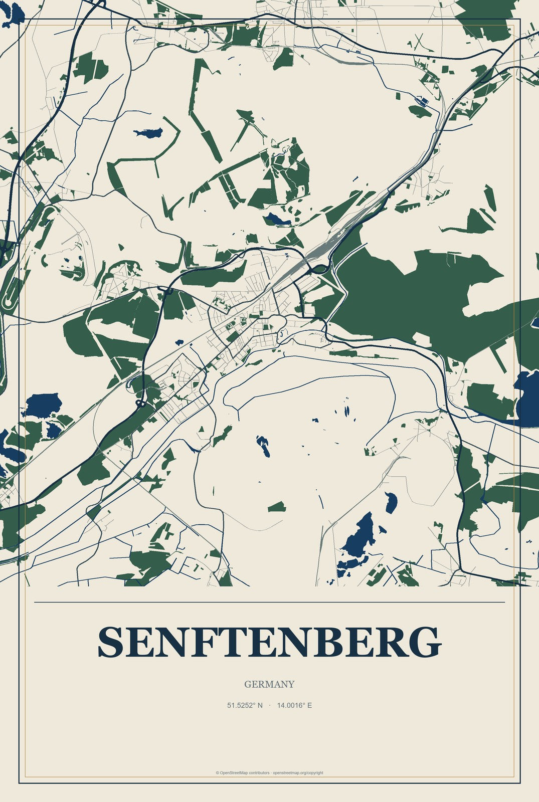 Senftenberg, Germany City Map Aluminum Sign in Coastal Cutout style