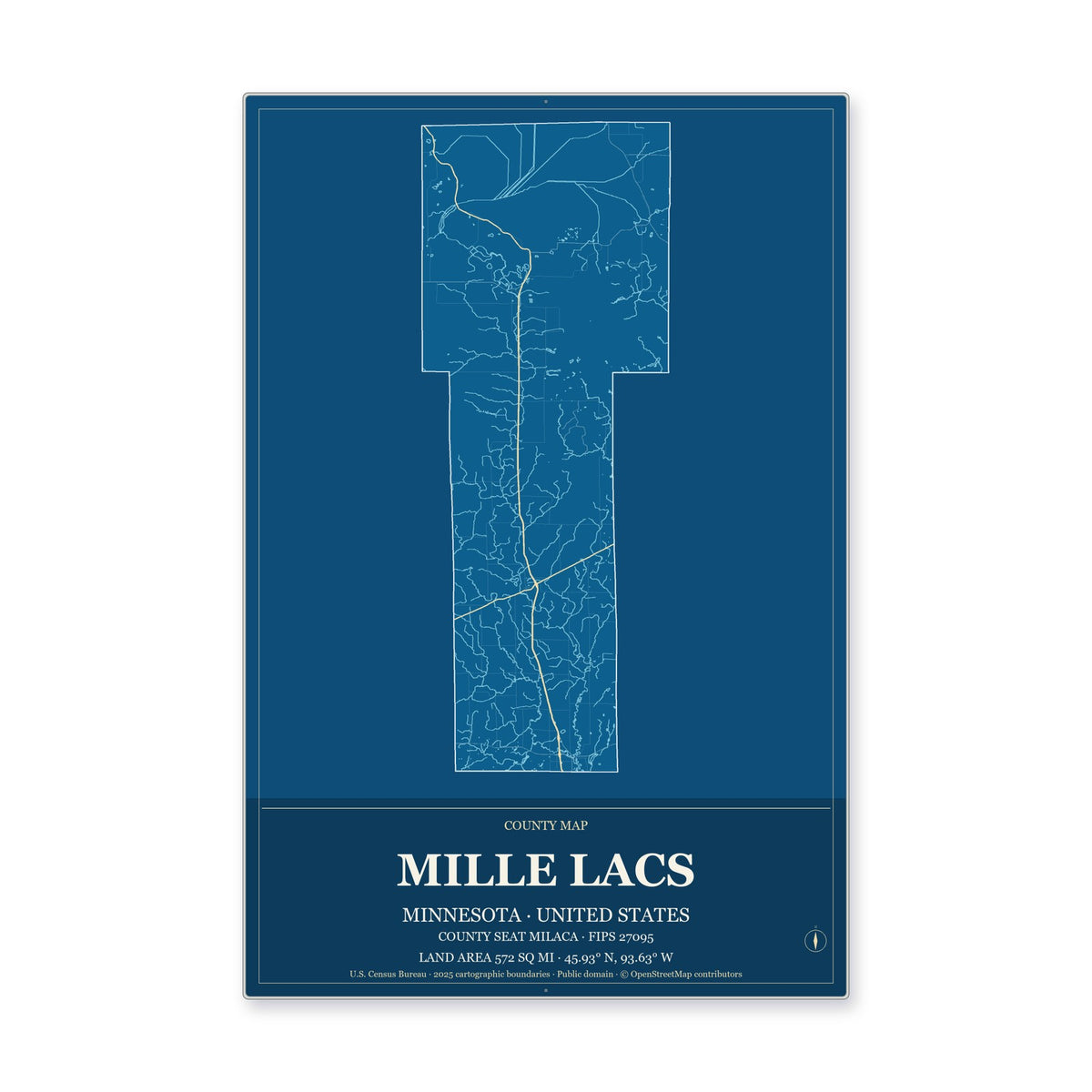 Mille Lacs County, Minnesota Map Aluminum Sign in Harbor Cobalt style