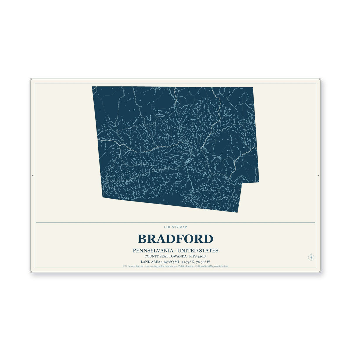 Bradford County, Pennsylvania Map Aluminum Sign in Coastal Cutout style