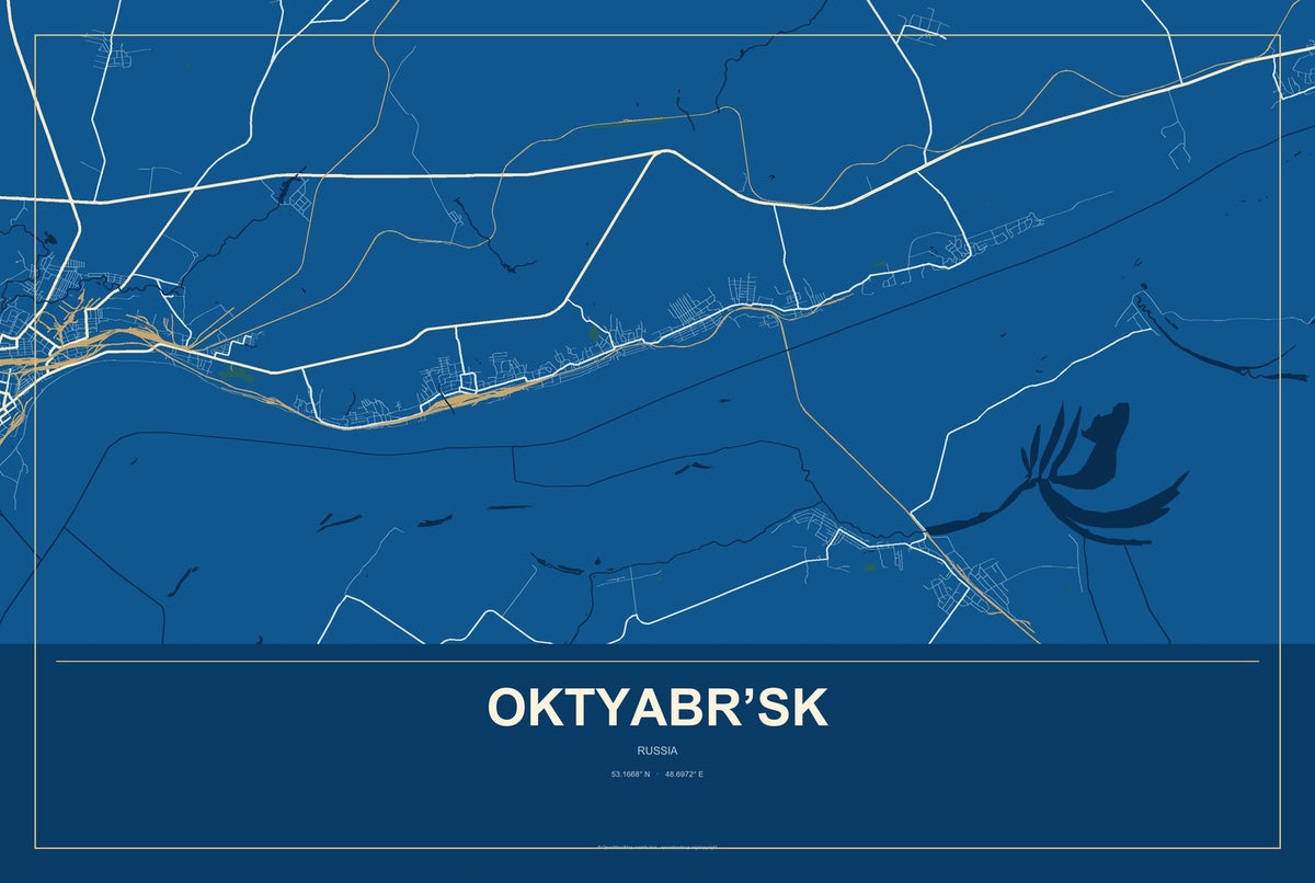 Oktyabr’sk, Russia City Map Aluminum Sign in Harbor Cobalt style