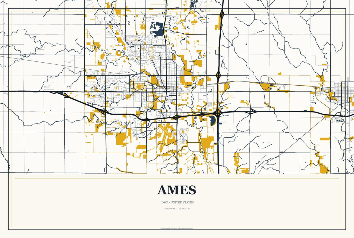 Ames, Iowa City Map Aluminum Sign in Citrine Modern style