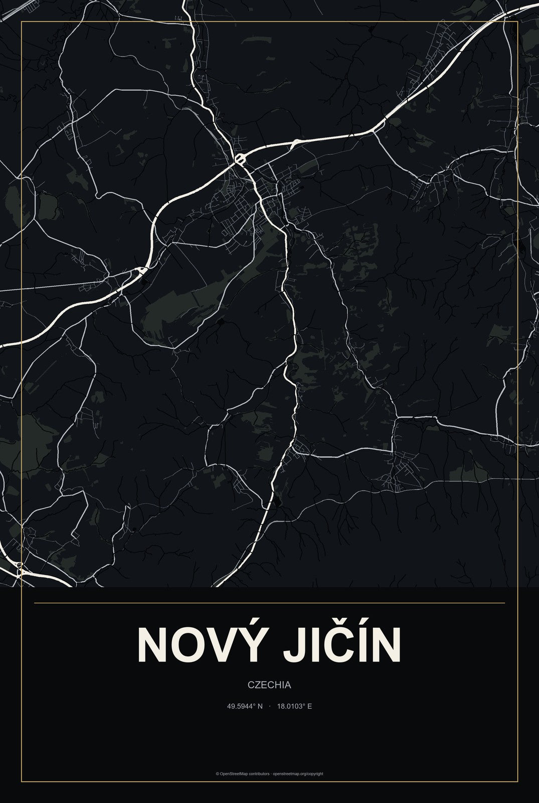 Nový Jičín, Czechia City Map Aluminum Sign in Metropolitan Noir style