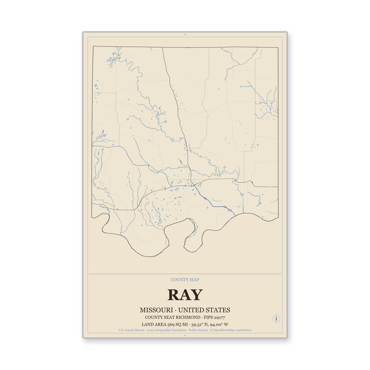 Ray County, Missouri Map Aluminum Sign in Heritage Nautical style
