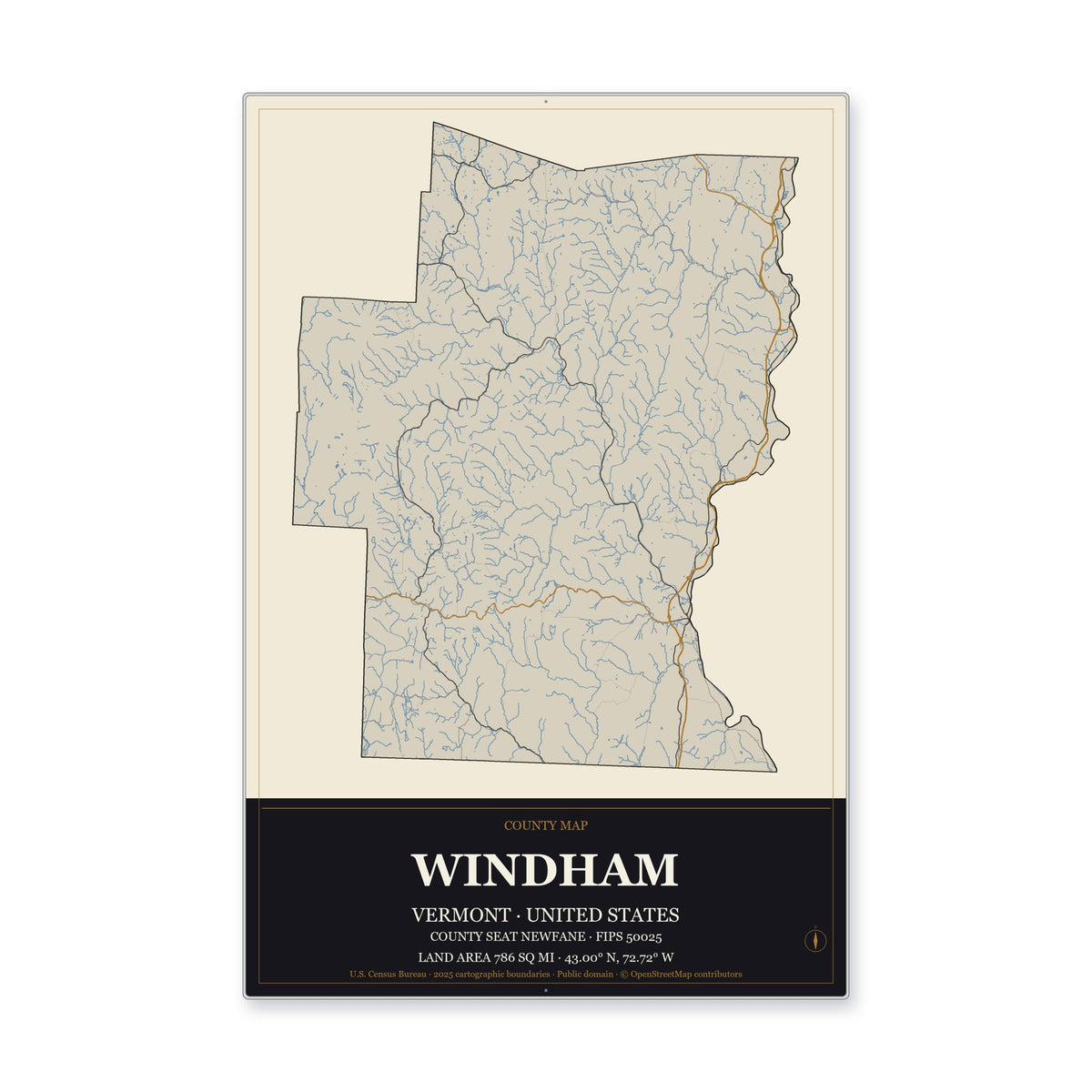 Windham County, Vermont Map Aluminum Sign in Museum Plaque style