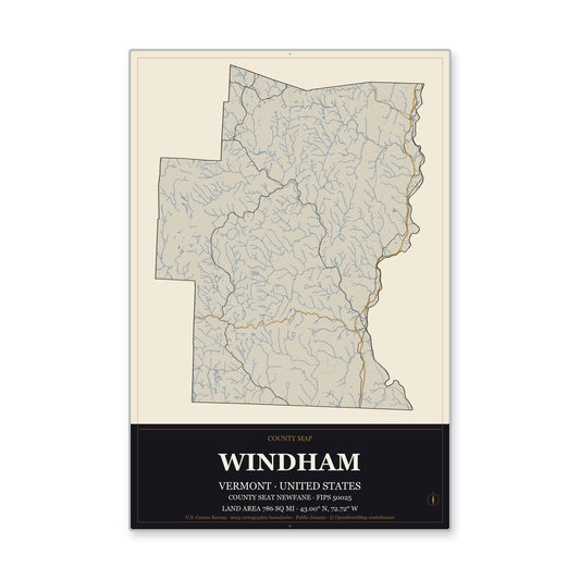 Windham County, Vermont Map Aluminum Sign in Museum Plaque style
