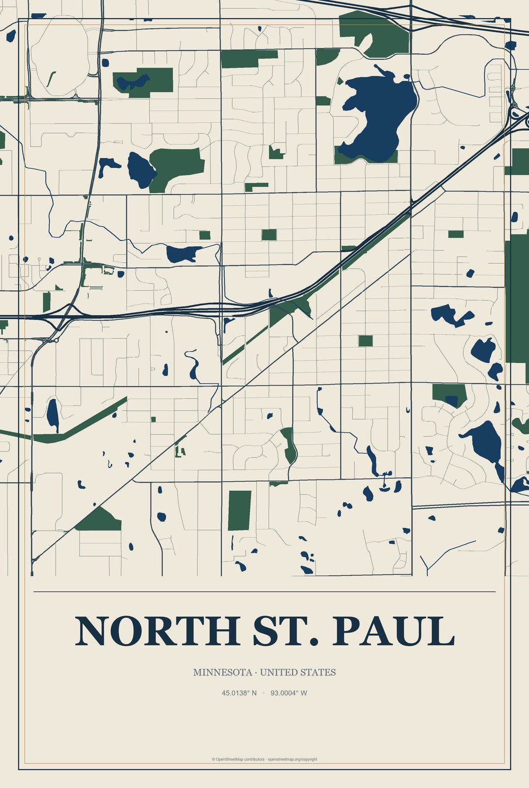 North St. Paul, Minnesota City Map Aluminum Sign in Coastal Cutout style