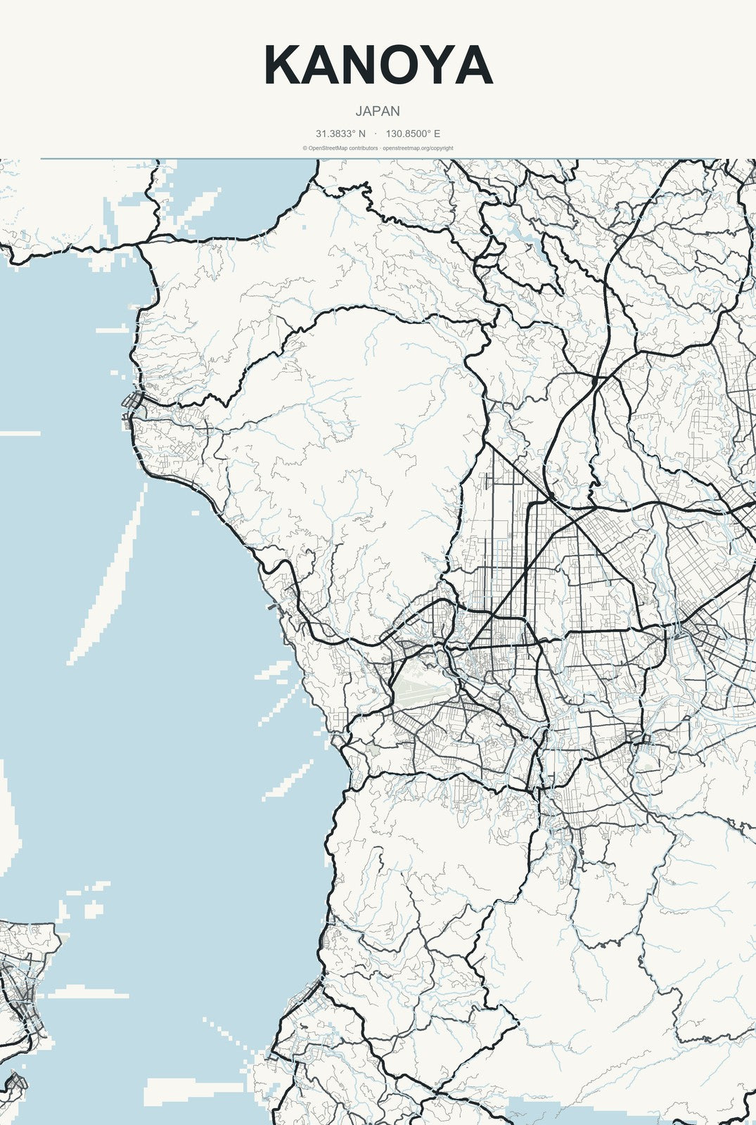 Kanoya, Japan City Map Aluminum Sign in Headline Atlas style