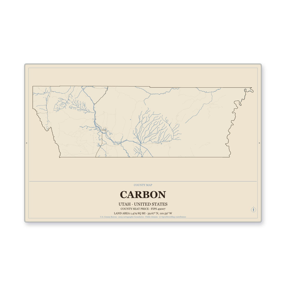 Carbon County, Utah Map Aluminum Sign in Heritage Nautical style