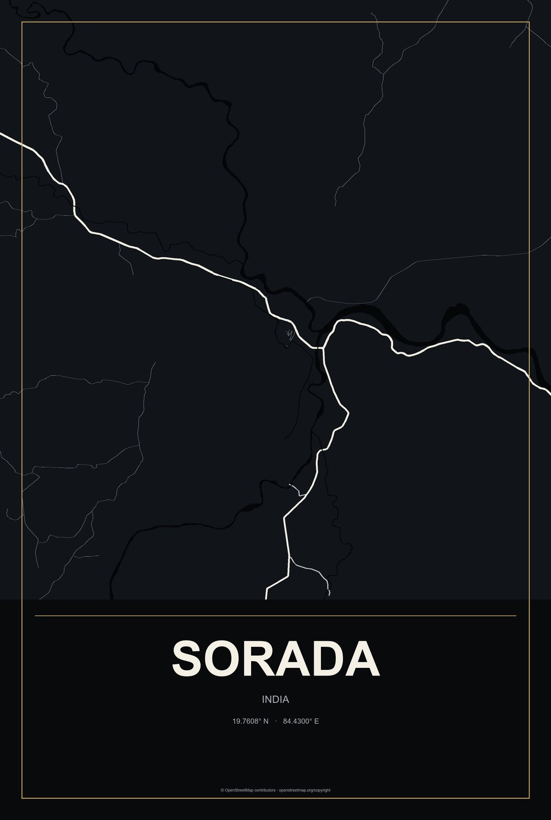 Sorada, India City Map Aluminum Sign in Metropolitan Noir style