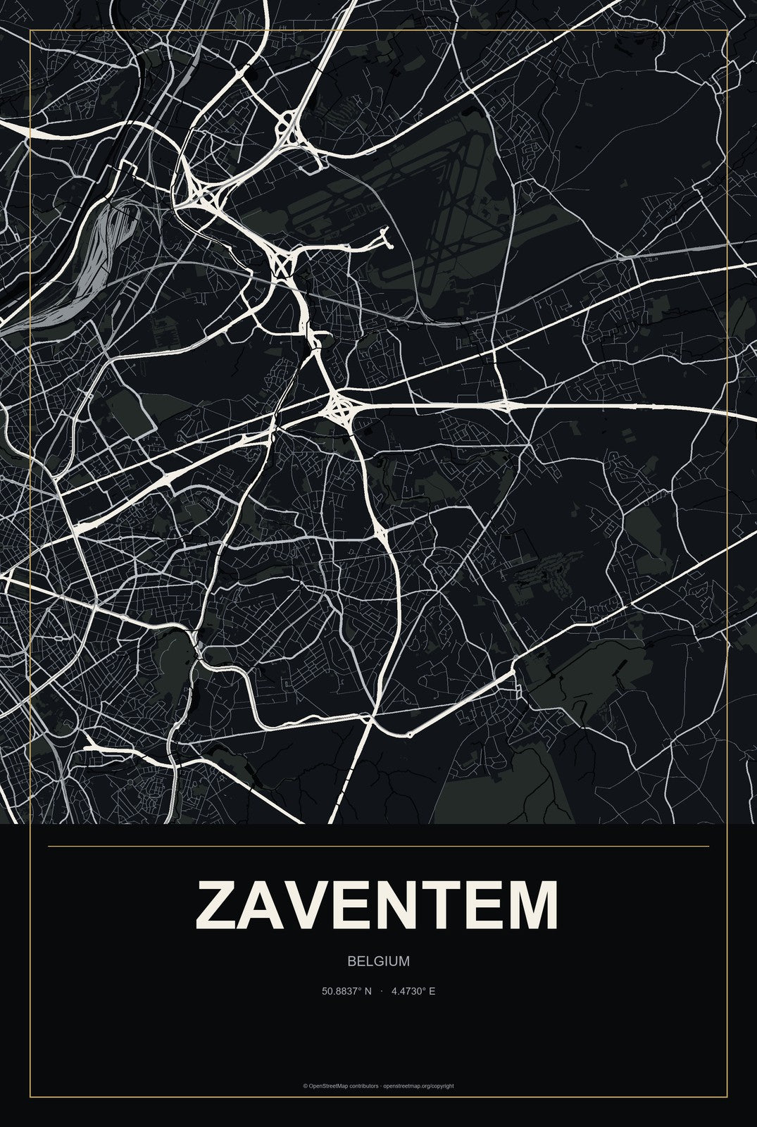 Zaventem, Belgium City Map Aluminum Sign in Metropolitan Noir style