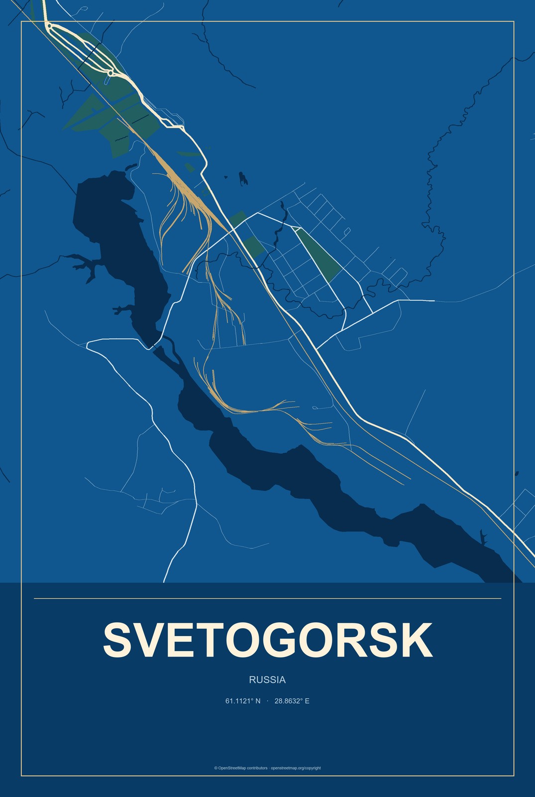 Svetogorsk, Russia City Map Aluminum Sign in Harbor Cobalt style