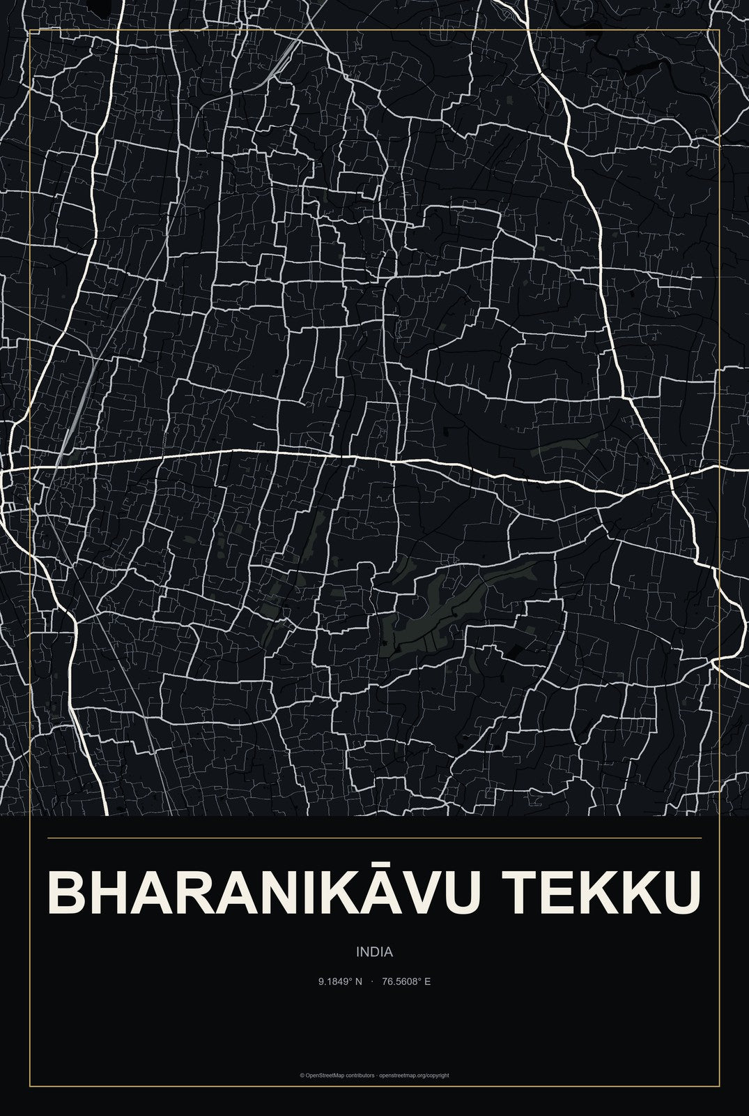 Bharanikāvu Tekku, India City Map Aluminum Sign in Metropolitan Noir style