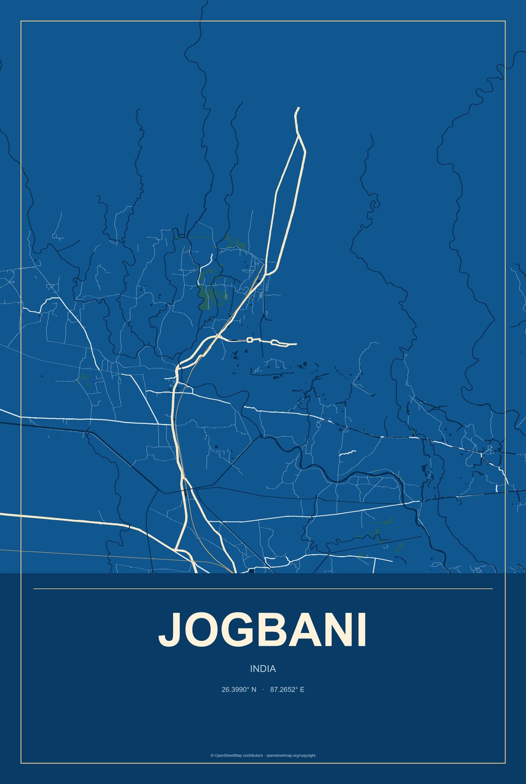 Jogbani, India City Map Aluminum Sign in Harbor Cobalt style
