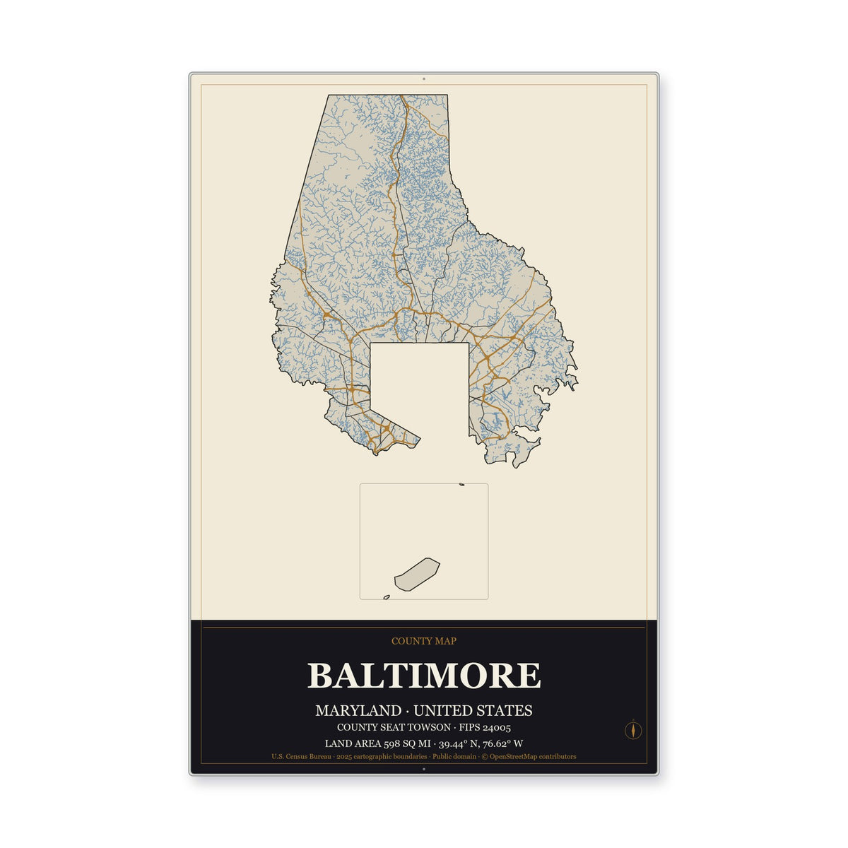 Baltimore County, Maryland Map Aluminum Sign in Museum Plaque style